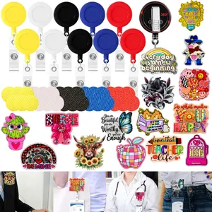 40pcs DIY Badge Reel Craft Kit, 15pcs Different Theme Acrylic Flatbacks, 10pcs Colorful Retractable Badge Reels, 15 Pairs Self Adhesive Hook and Loop Dots, Craft Supplies for ID Badge and Accessories