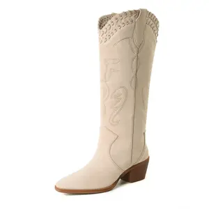Cowboy Boots for Women Embroidered Woven Knee High Cowgirl Boots Square Toe Chunky Heel Pull On Country Boots