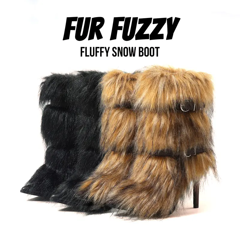 CYNLLIO Womens Mid Calf Fur Boots Pointed Toe Stiletto Heels Pull On Buckle Fur Fuzzy Fluffy Snow Boot Fashionable Outing Party Nightclub Fall Winter Chilly Day Booty Shoes