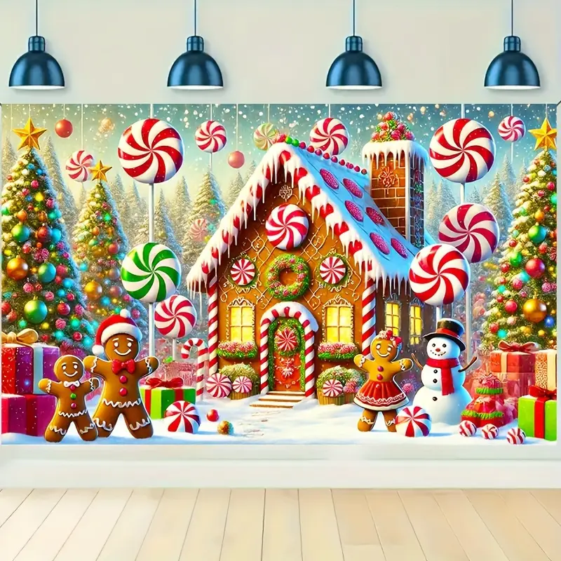 1pc Polyester Christmas Banner - Gingerbread House & Snowman Design, Candy Background, 70.87x43.31in Party Decoration & Photography Backdrop, No Electricity Needed, Indoor/Outdoor Use, Bonfire