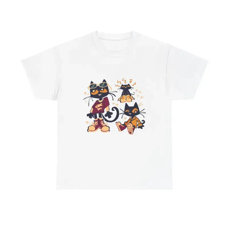 Men's Round Neck Crew Neck Loose-Fitting Custom-Made Short-Sleeve Casual "Cool Black Cat Gang" Graphic T-Shirt - Versatile Streetwear Top for Cat Lovers