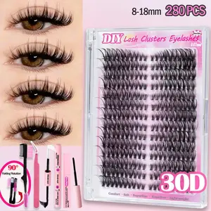 DIY Eyelash Extension Kit, Eyelash Extensions Set, Individual Lash Clusters, 280pcs 30D-60D D Curl 8-18mm Mixed Lengths, Beginners & Cat Eye Style, Waterproof Tweezers Included