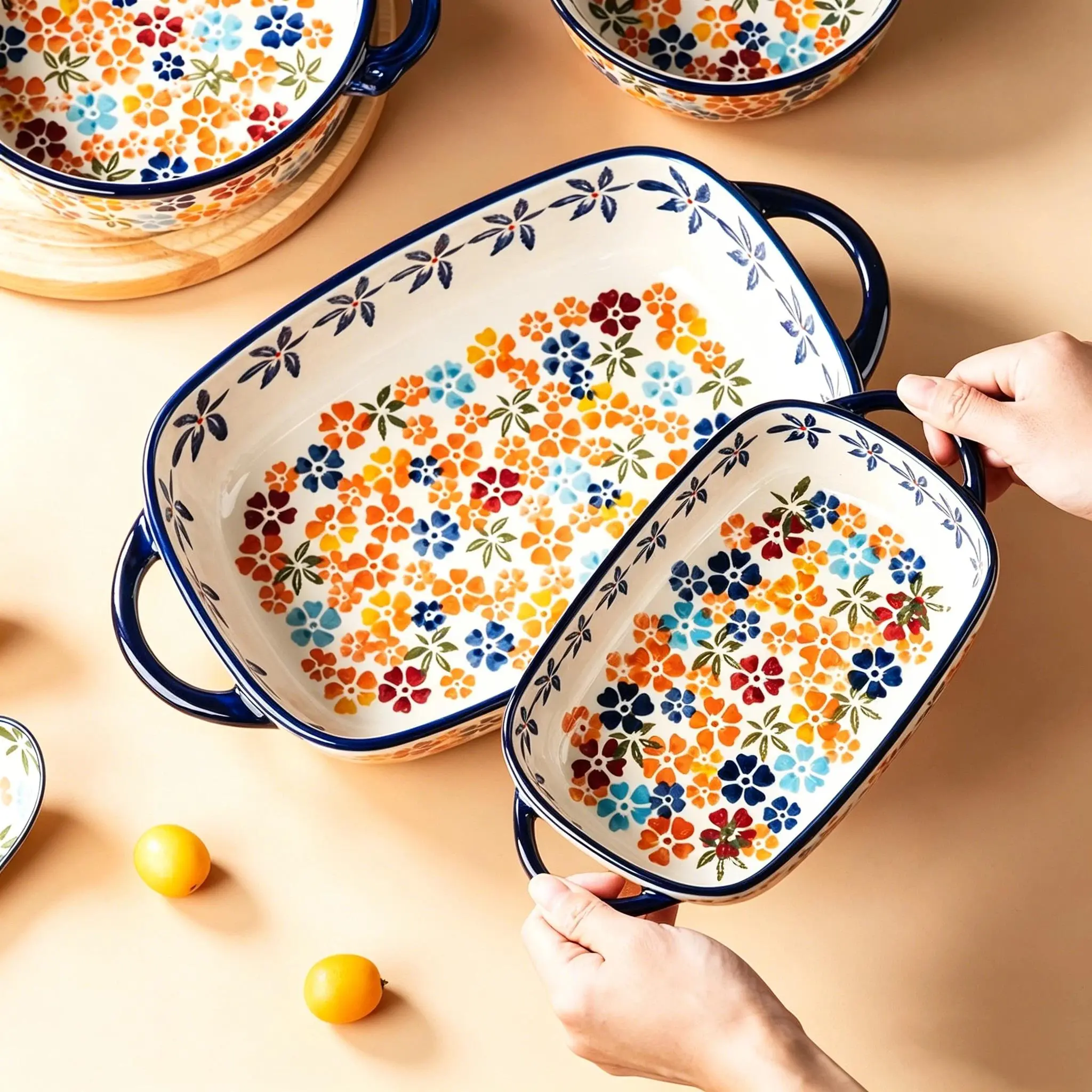 Bohemian Floral Ceramic Baking Plates Set, Vintage Rectangular Handled Casserole Bakeware Oven Microwave Safe for Roasting Pasta Family Dining Tableware