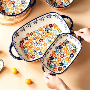 Bohemian Floral Ceramic Baking Plates Set, Vintage Rectangular Handled Casserole Bakeware Oven Microwave Safe for Roasting Pasta Family Dining Tableware