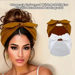 2pcs Women's Wide Rabbit Ear Elastic Headbands, Bunny Earbands, Non-Slip Soft Thick African Style, Ideal for Sports, Yoga, Gym, Comfortable Sweat-Absorbing