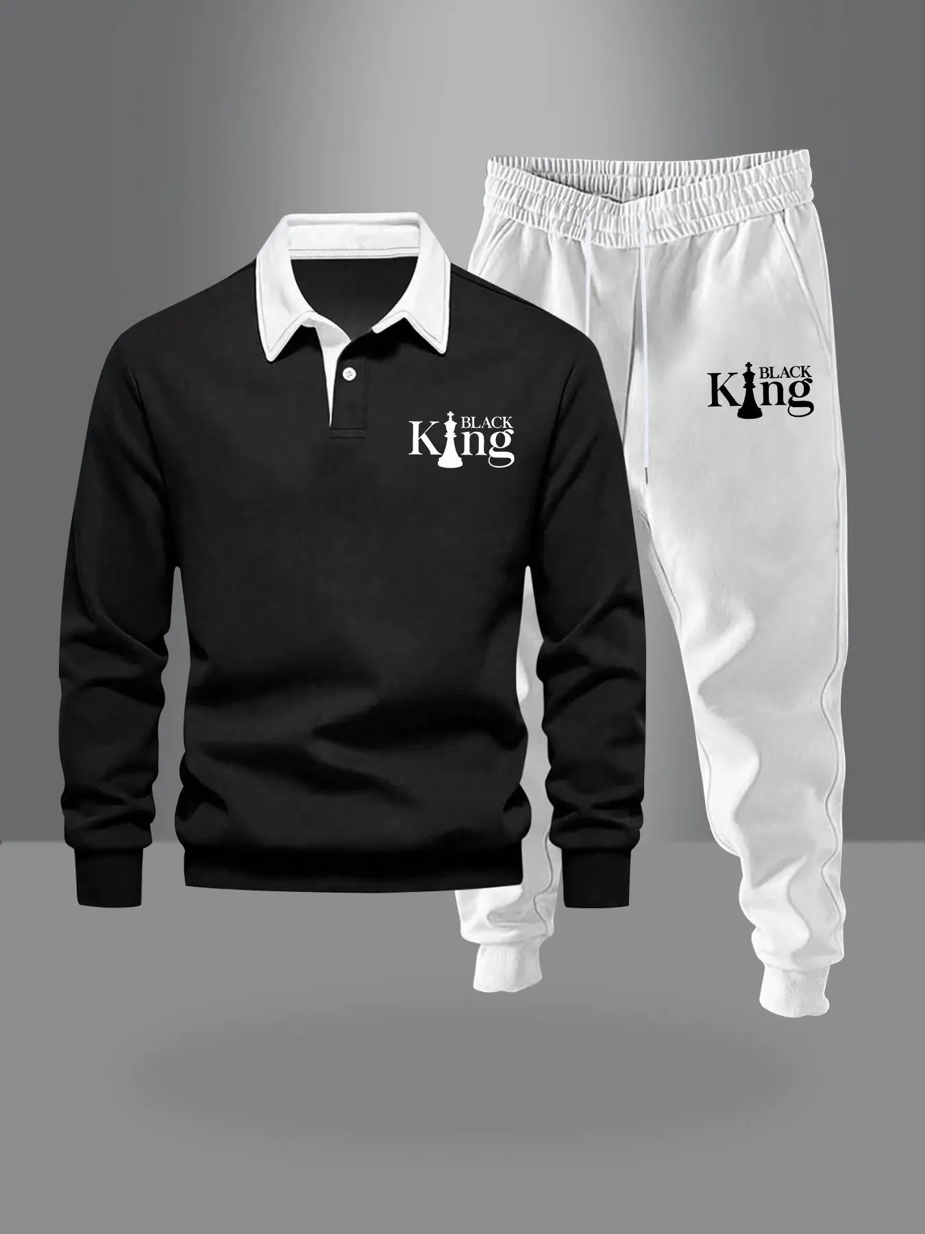 Men's Letter Print Polo Shirt & Sweatpants Set, Regular Fit Casual Long Sleeve Button Front Top & Pocket Jogger Pants, Men's Spring & Fall Clothes