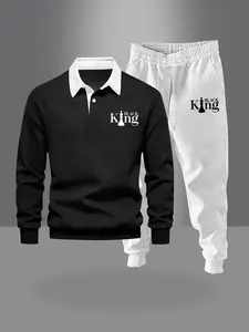 Men's Letter Print Polo Shirt & Sweatpants Set, Regular Fit Casual Long Sleeve Button Front Top & Pocket Jogger Pants, Men's Spring & Fall Clothes