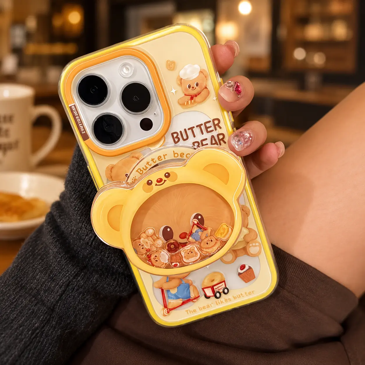 Cute Yellow Teddy Bear Shaker Phone Grip, Kawaii Cartoon Animal Griptok, Sweet Bakery Theme Phone Holder & Stand, Aesthetic Phone Accessory Gift
