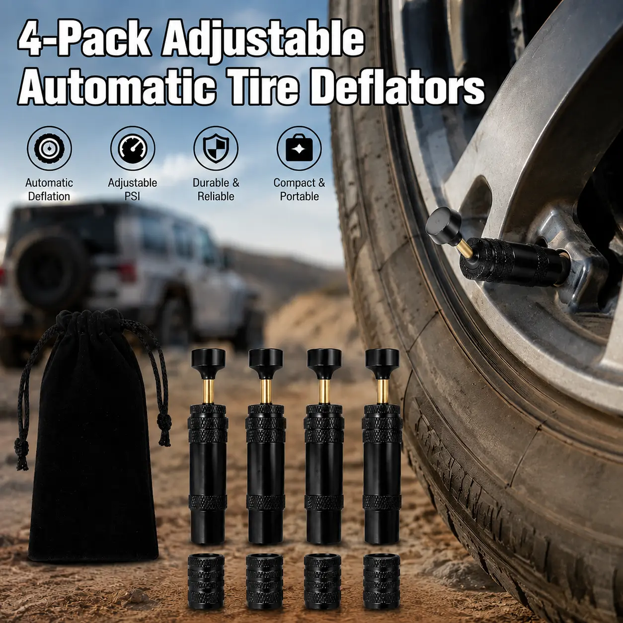 4-Pack Adjustable Automatic Tire Deflators, 10–30 PSI Auto-Stop Air Down Valves with Lock Rings, 4 Valve Caps & Storage Pouch for 4x4 Truck SUV ATV UTV