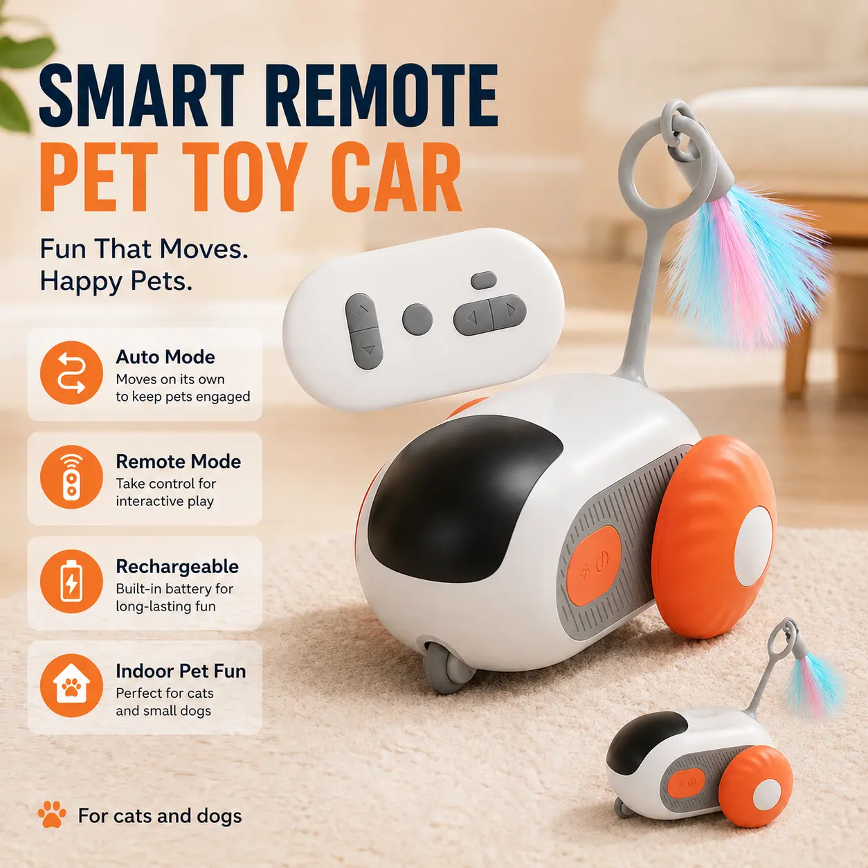 Smart Remote Control Pet Toy Car for Cats & Dogs – Automatic Moving Chase Toy with Feather Teaser, Obstacle Avoidance Sensor, USB Rechargeable Interactive Indoor Pet Enrichment Fun Toy