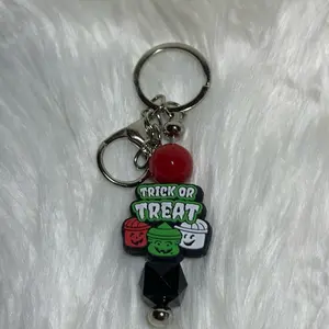Halloween Beaded Keychains with Trick or Treat Design and Red Beads