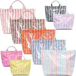 Striped Tote Bag High-Value Lightweight Handbag Commuter Large Capacity Portable Travel Shoulder Bag Casual Fashionable All Seasons Beach Tote