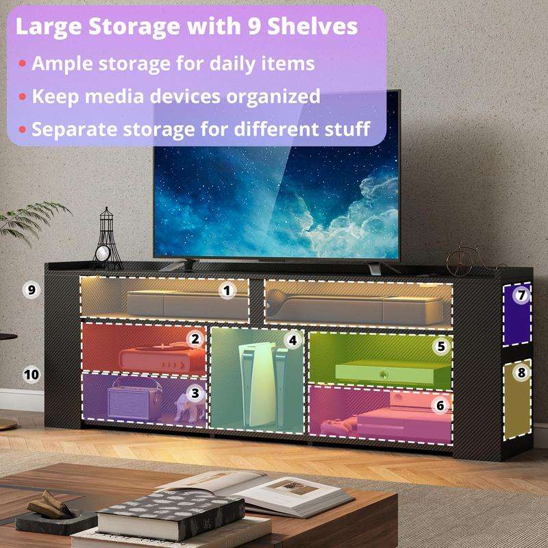 IRONCK Entertainment Center with Storage, Tall TV Stand W/Power Outlet, LED Gaming TV Cabinet for PS5, Black TV Stand with Carbon Fiber