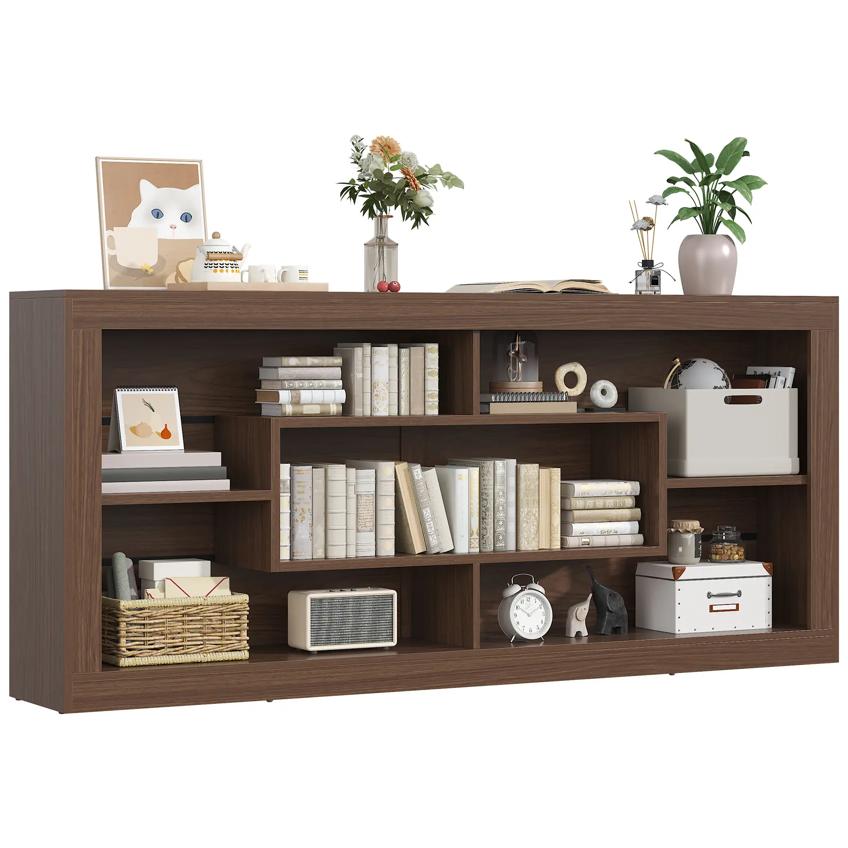 Modern Farmhouse 7-Cube Storage Organizer Bookcase, 71” Wide Bookshelf, Large Floor Standing Cubby Shelf Unit with Anti-Tip Kit for Home Office, Living Room, Bedroom