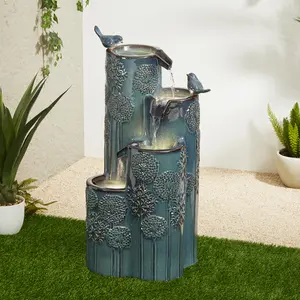 Glitzhome 31.75"H 4-Tier Turquoise Dandelion Texture Vase-Shaped Ceramic Outdoor Floor Fountain with Birds, Pump, and LED Light (KD)