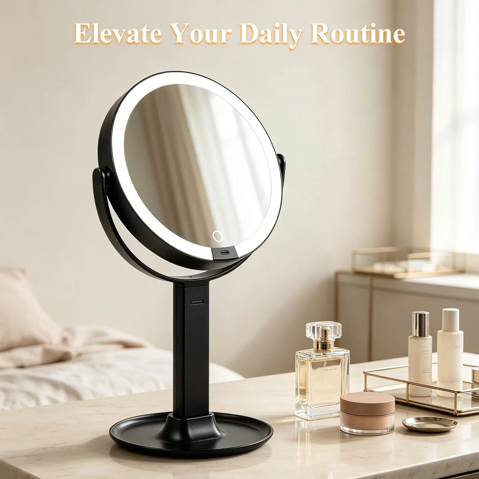 Makeup mirror,LED Vanity Mirror with Replaceable 30X & 10X Magnifying Mirrors, Lighted Makeup Mirror with 3 Color Modes, Touch Dimmable, USB Rechargeable Desktop Mirror with Adjustable Stand & Storage Tray