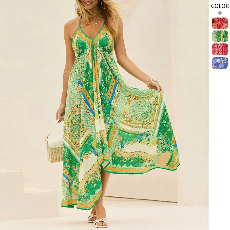 2025 Spring Summer Off-Shoulder V-Neck Dress for Women | Fairy-Style Printed Maxi Dress with Slings & Flowy Big Swing Skirt Womenswear Aesthetic