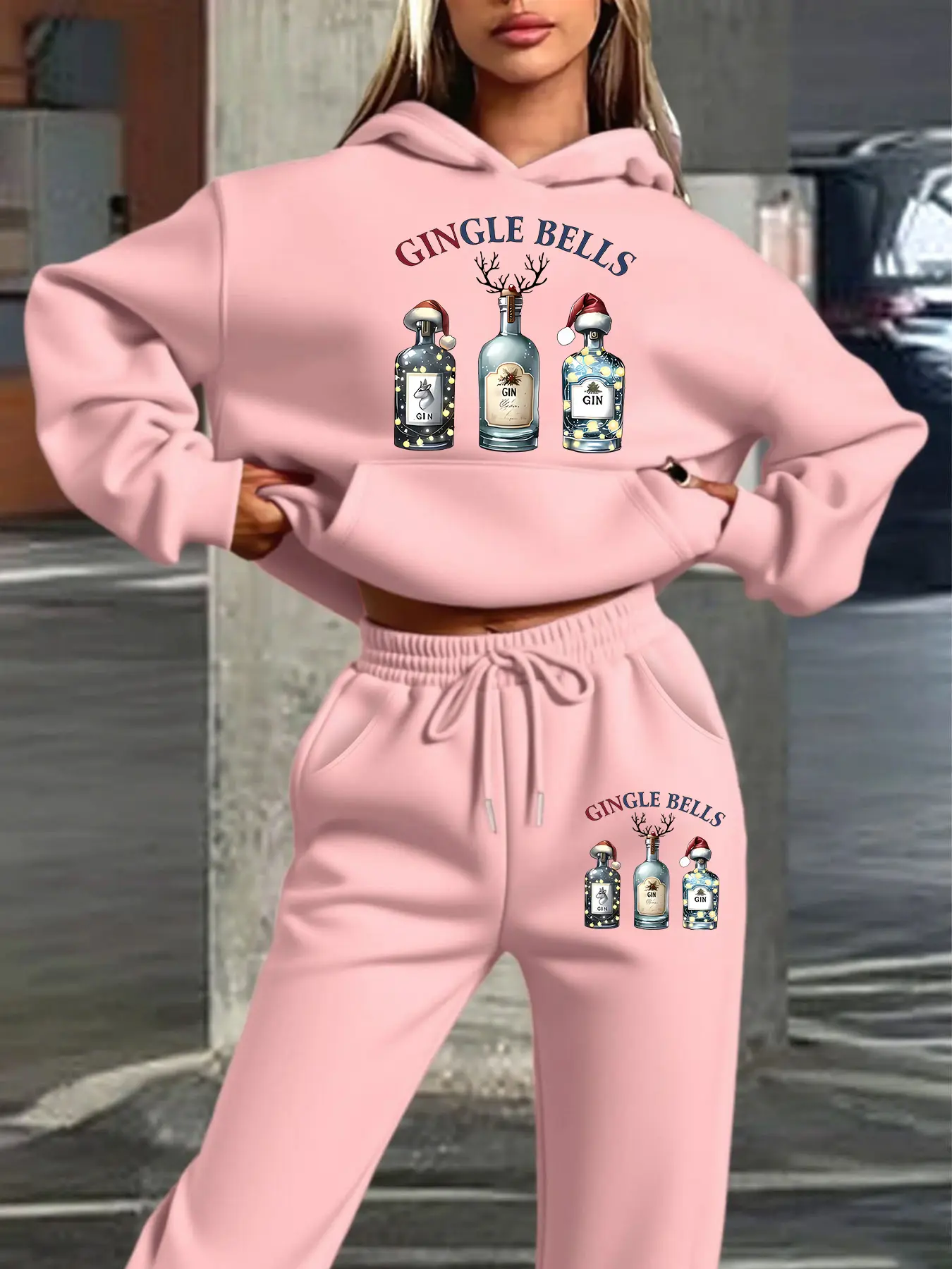 Women's Hooded Sweatshirt Set, Autumn Winter Christmas Wine Bottle Print, Casual Fitted Jogger Pants, Party Holiday