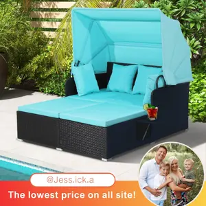 [@Jess.ick.a] Outdoor Daybed, Costway 2-Person Wicker Chaise Lounge with Retractable Canopy, Cushions & Pillows, 2 Side Trays, Patio Double Sofa PE Rattan Sunbed Lounger for Deck Poolside Garden Balcony