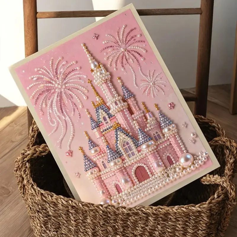 2026 New Pearl Painting: Pink Pearl Fairy Tale Castle Fireworks Glow Theme Frameless Canvas Art Print DIY Decorative Painting Ideal for bedroom decor, living room wall art, room accents, and artwork Perfect as Christmas, New Year, or Valentine's Day gifts