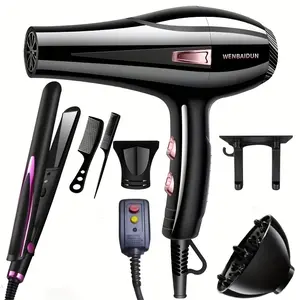 Professional Hair Dryer Set 600W 6 Speed Adjustments Blue Light Includes Nozzle Comb Hanger and Straightener Ideal for Home Use