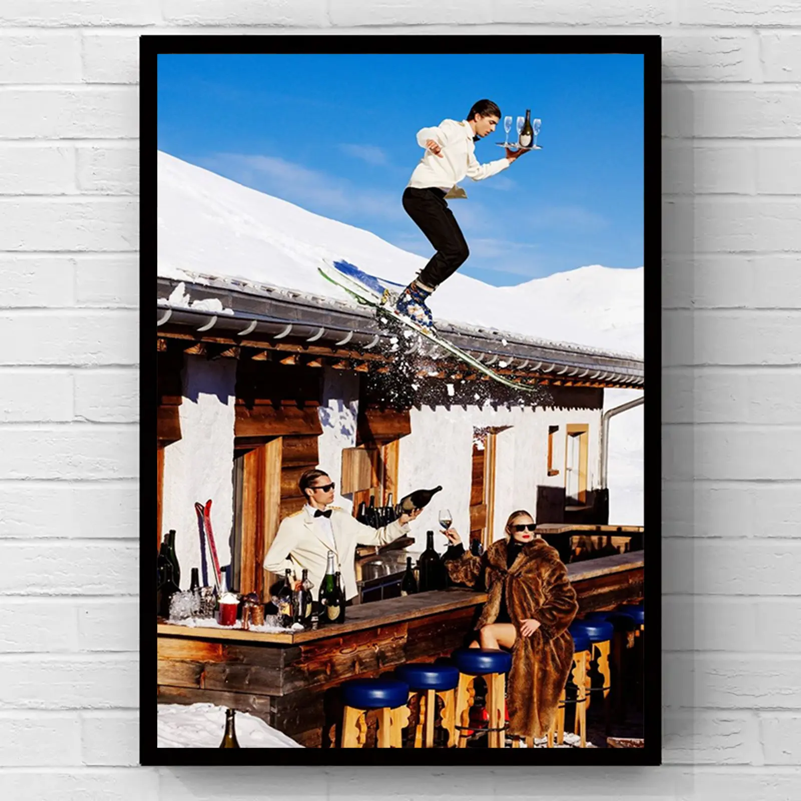 Skiing Waiter Snow Mountain Bar Photo Poster, Ski Butler Jumping Over Chalet Bar 2D Flat Canvas Wall Art, Minimalist Wall Decor, Artwork Print for Home and Bedroom Decor, Cool Gift, Wall Poster for Living Room & Bar