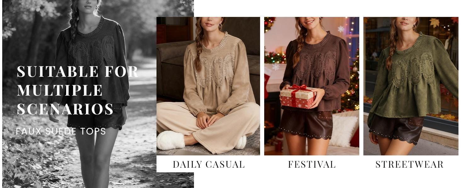 WoodBerry Women's Lace-Detail Suede Flared Blouse Long Puff Sleeve Crew Neck Flared Swing Babydoll Tops Elegant Intricate Mesh Loose Shirts