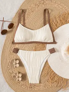 Women's Elegant Two-Piece Color Block Bikini Set, Contrast Binding Wave Texture, High-Cut Drop Waist Color Block Swimwear, All-Season Slim Fit, Color Block Swimsuits, Colorblock Bikini Set