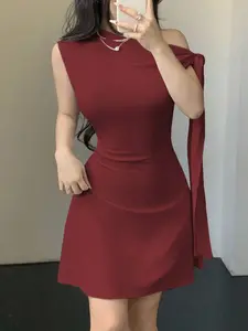 Women Asymmetric Tie Up Waist Short Dress Slim Fit Elegant Casual Summer Outfit