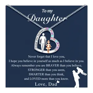 Father's Day Love Necklace with Colorful Zircon Engraved Heart Pendant Gift Necklace Love Father-Daughter Necklace