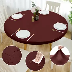 Double Design PU Round Tablecloth, Anti- Wipeable Elastic Round Tablecloth, Soft- Fitted Table Cloth,  Oil-Proof Table Cover (Burgundy, 53"-56" Round)