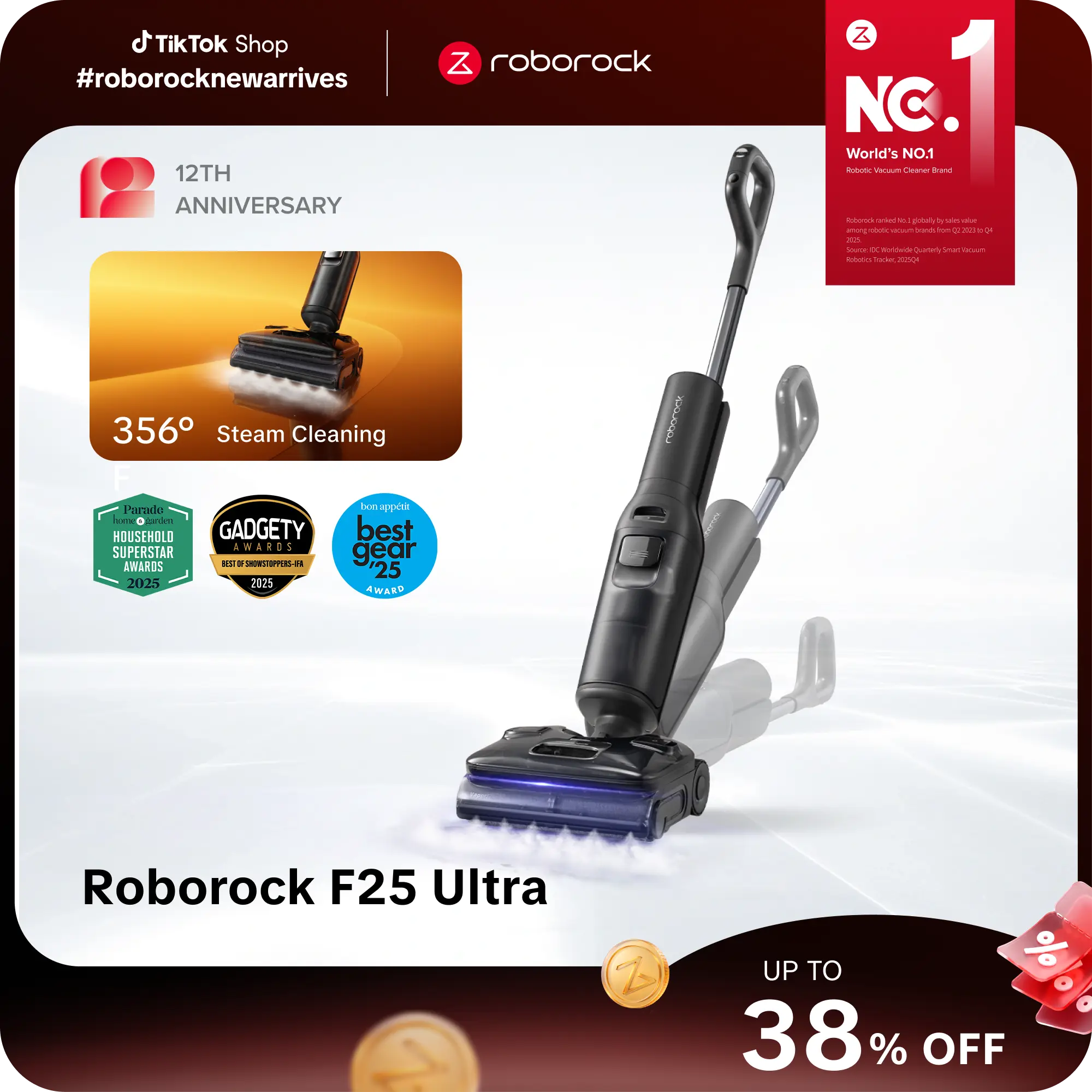 Roborock F25 series Ultra Steam Wet Dry Vacuum Cleaner, 356°F Steam Mop & 187°F Hot Water Cordless Vacuum Mop All in One, Floor Washer with Blue Light, 194°F Self-Cleaning, 180° Lay-Flat, AI Assitant Wheels  #roborocknewarrives #TikTokShopBackToSchool