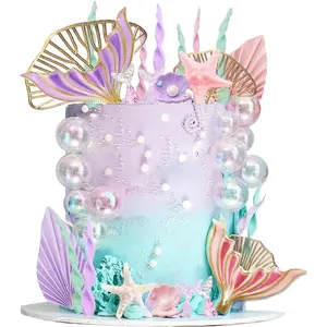 XY-SO13 Mermaid Cake Topper Big Mermaid Tails Seaweed Bubbles Shells and Golden Ginkgo Leaves Cake Set for Mermaid Under the sea Cake Decor Ornaments Stars