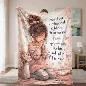 Inspirational Prayer Girl Flannel Blanket - Cross Detail, Decorative Design, Digital Printing with Scripture Quote, Soft Cozy Warm Durable Throw for Bedroom, Gift Giving, Cross Detail Blankets, Decorative Design Blankets