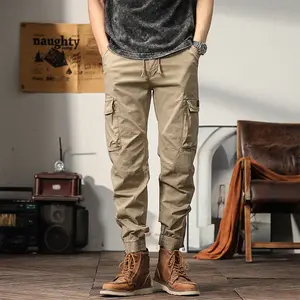 Men's solid color casual fashion with large pockets and hemp rope style adjustable elastic drawstring bag design cuffed work pants cargos Menswear Baseball cold  weather  outfits