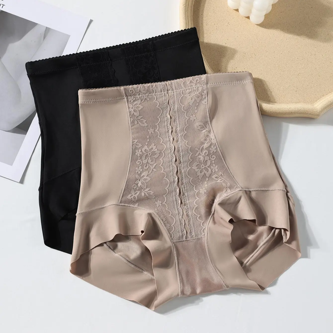 HOTCOM 2PCS High Waisted Underwear for Women Tummy Control Underwear Lace Waistband Design Soft Nylon Stretchy No Show XS-L Womenswear SpringStatements Lingerie Shapewear