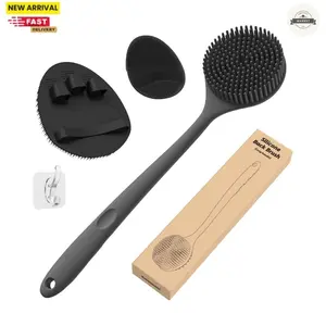 Silicone Back Scrubber (Thick Bristles) & Bath Glove & Face Brush Set(3PCS), Super-Exfoliating & Lathering Body Scrubber, Shower Brush, Face Scrubber Combination, with a Free Hook.(Black)