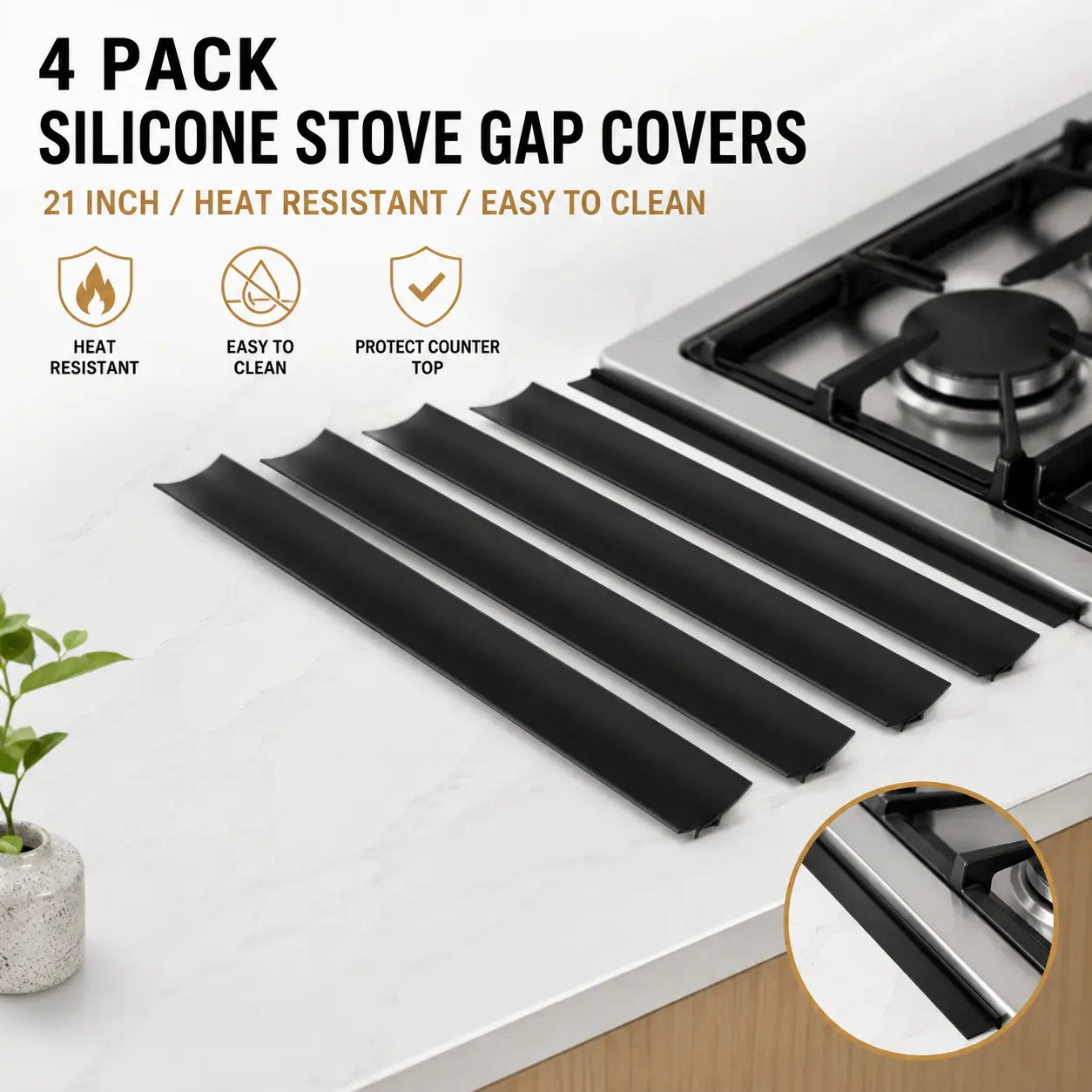 4 Pack Silicone Stove Gap Covers 21 Inch, Heat Resistant Stove Counter Gap Filler, Black Stove Guard for Kitchen Counter, Easy to Clean