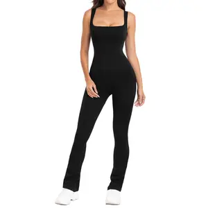 SeSe Code Fashion Flare Jumpsuits Strappy Square Neck Bodycon Full Length Long Pants Casual Playsuit