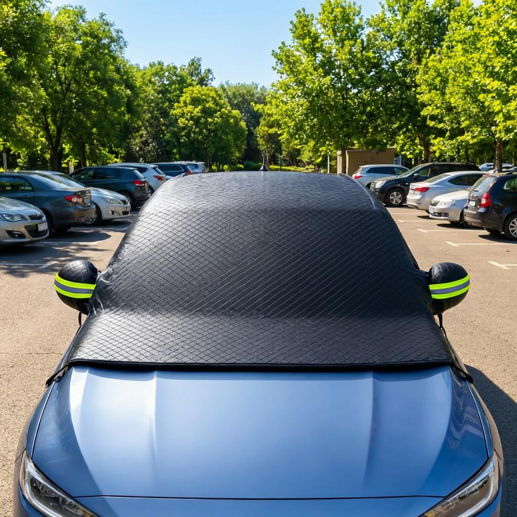 Windshield Cover with Straps Anti-Wind - Foldable All-Season Car Sunshade Protector, Reflective UV Heat Block Dustproof, Easy Install for Most Vehicles Durable Weatherproof