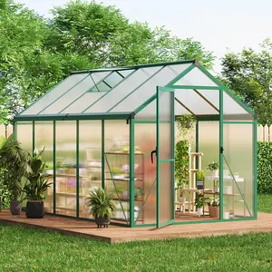 【GARVEE】6x10 FT Greenhouse for Outdoors, Polycarbonate Greenhouse with Roof Vent, Ground Nails, Lockable Push Door, Aluminum Large Walk-in Green House for Outside Garden Backyard, Patio, Lawn, Green