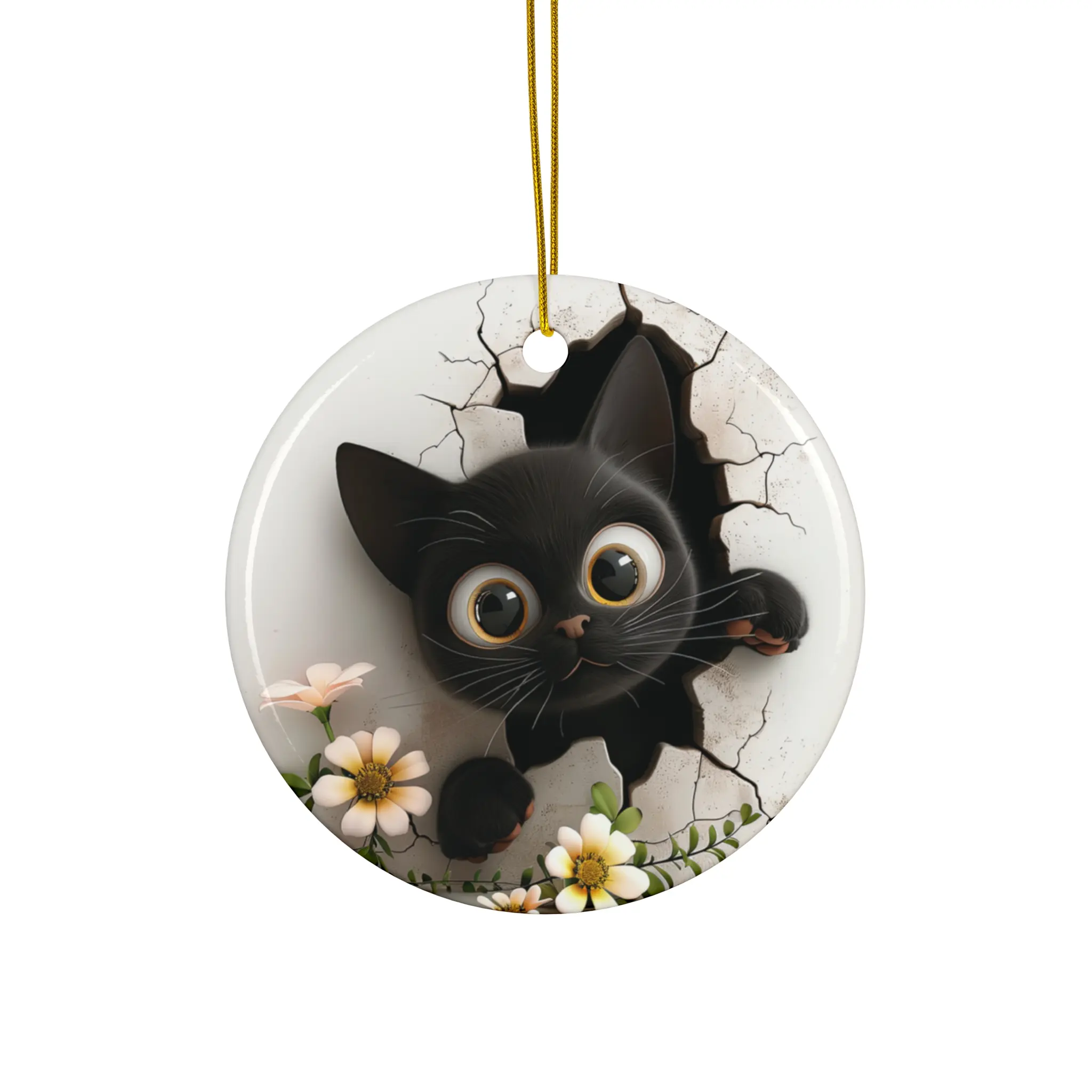 Whimsical Black Cat Ceramic Ornament, Cute Holiday Decoration, Pet Lover Gift