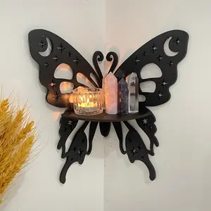 1pc Black Wooden Crystal Display Shelf, Butterfly-shaped Corner Storage Rack, for Plants, Flowers, Toys, Scented Candles, Household Storage Organization for Hallway, Home, Christmas Decor, Aesthetic Room Decor, Wall Mounted Shelf, Wall Mount Organizer