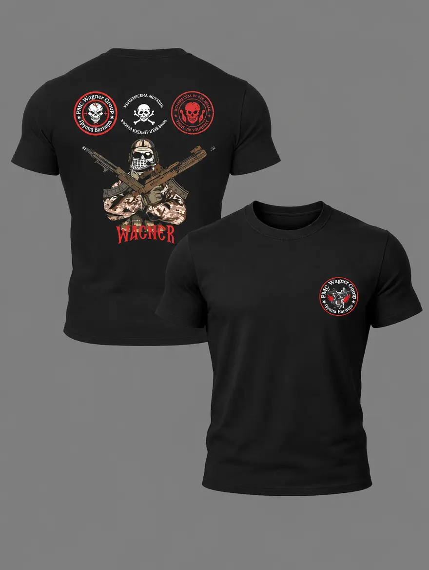 PMC Wagner Elite Mercenary Skull Tactical T-Shirt, Crossed Rifles Combat Graphic Tee, Rugged Special Operations Inspired Shirt for Military Style Fans, Outdoor Training, Range Days and Veteran Gifts