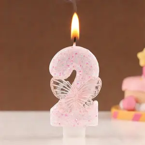 1pc pink butterfly birthday candle cake decorator, sparkly number candle, elegant, suitable for children's birthday parties, as well as everyday use, wedding party decorations, Christmas, New Year's, Valentine's Day and other holiday celebrations.