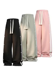 Men’s button-front sweatpants, American high-street style, straight cut, patchwork design, casual streetwear, versatile athletic pants from a trendy brand