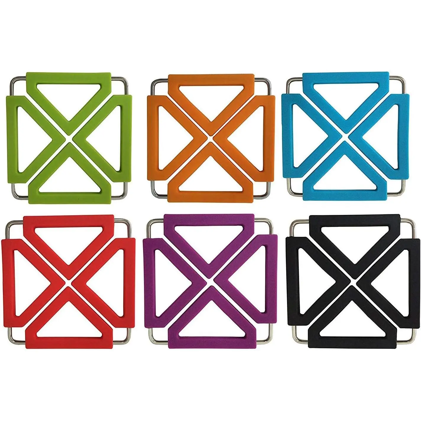6-Pack Heavy Duty Square Silicone Trivet Mats Set, Metal Steel Core Kitchen Placemats & Coasters with Compact Foldable-Expandable Collapsible Handy Tableware, Gift-Ready Utility Pieces