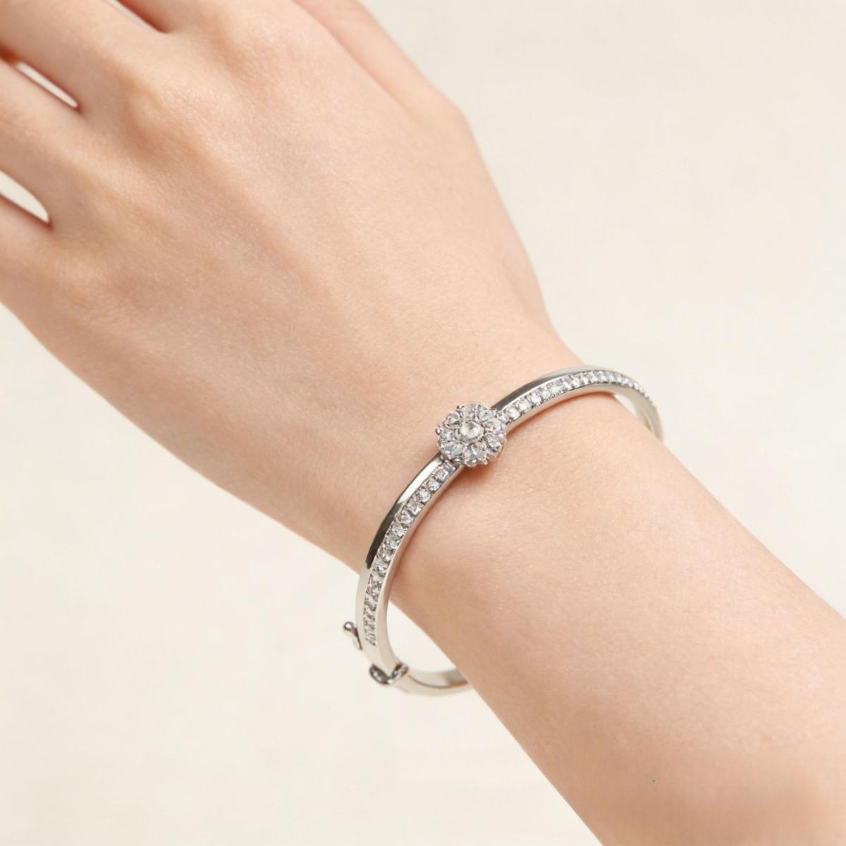 Luxury Round Center Stone Pavé Bangle Bracelet for Women, Elegant Polished Sparkle Hinged Bangle, Premium Statement Cuff Bracelet, Trendy Aesthetic Formal Jewelry, Timeless Anniversary Birthday Gift for Her