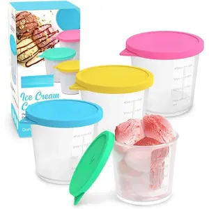 Ice Cream Pint Containers with Silicone Lids, Freezer Food Storage Tubs for Homemade IceCream, Meal Prep, Yogurt and Soup, Airtight & Dishwasher Safe (MEDIUM, 4 Pack) Kitchen Plastic