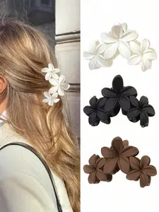 3pcs Set Medium-Sized Frosted Flower Hair Claw Clips, Gentle Versatile Plumeria Design for Hair Buns, Coffee Colors for Casual Summer Use